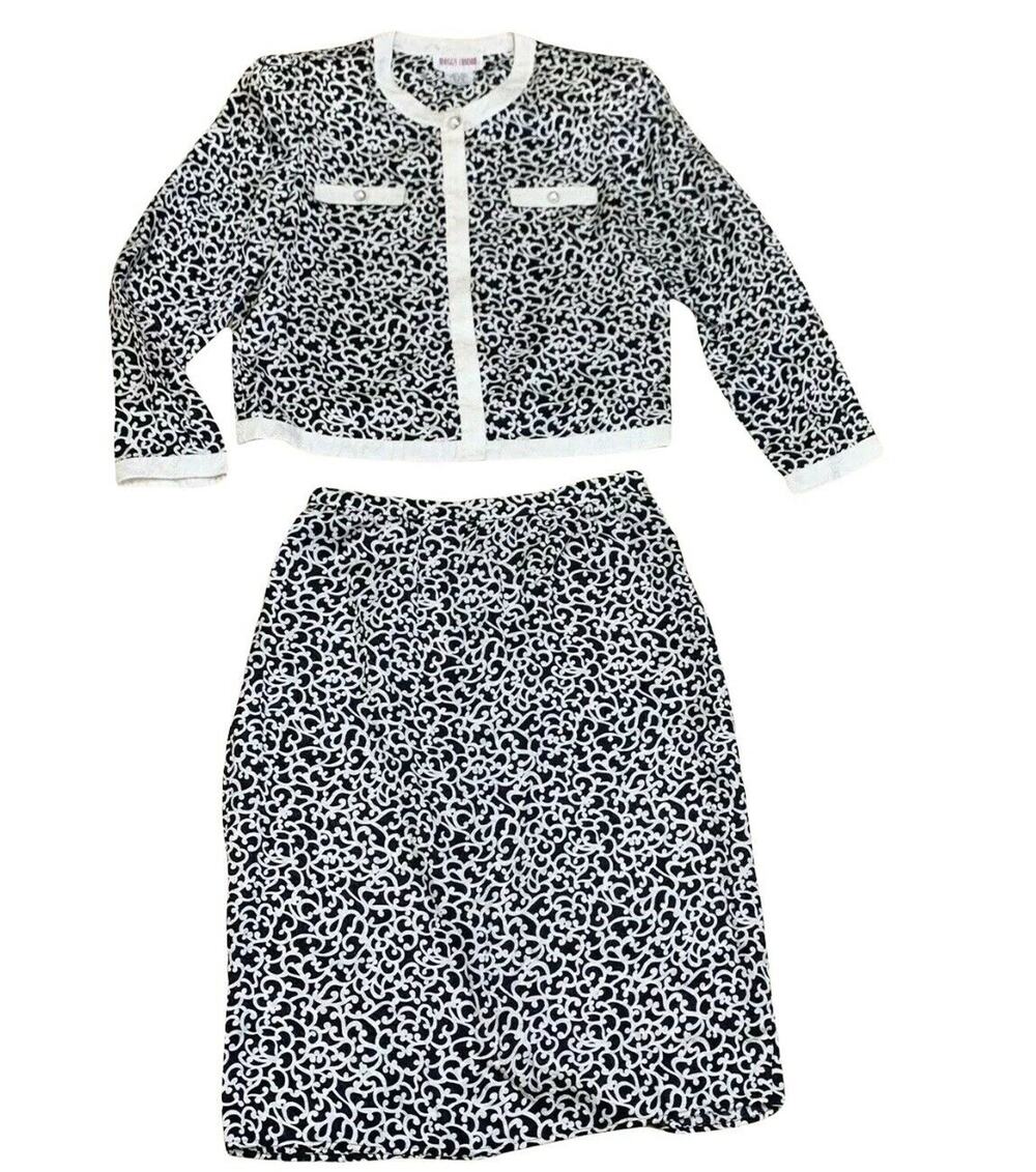 Vintage Maggy London Silk Chenille Floral Leaf Skirt Suit Set Ivory Black 12